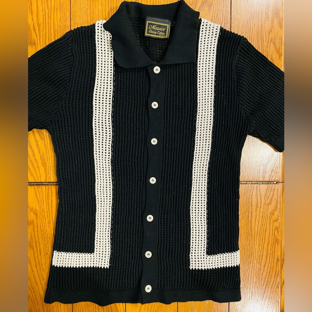 Men’s Massive Luxury Edition Knitted Button Down Sweater, medium, black/white